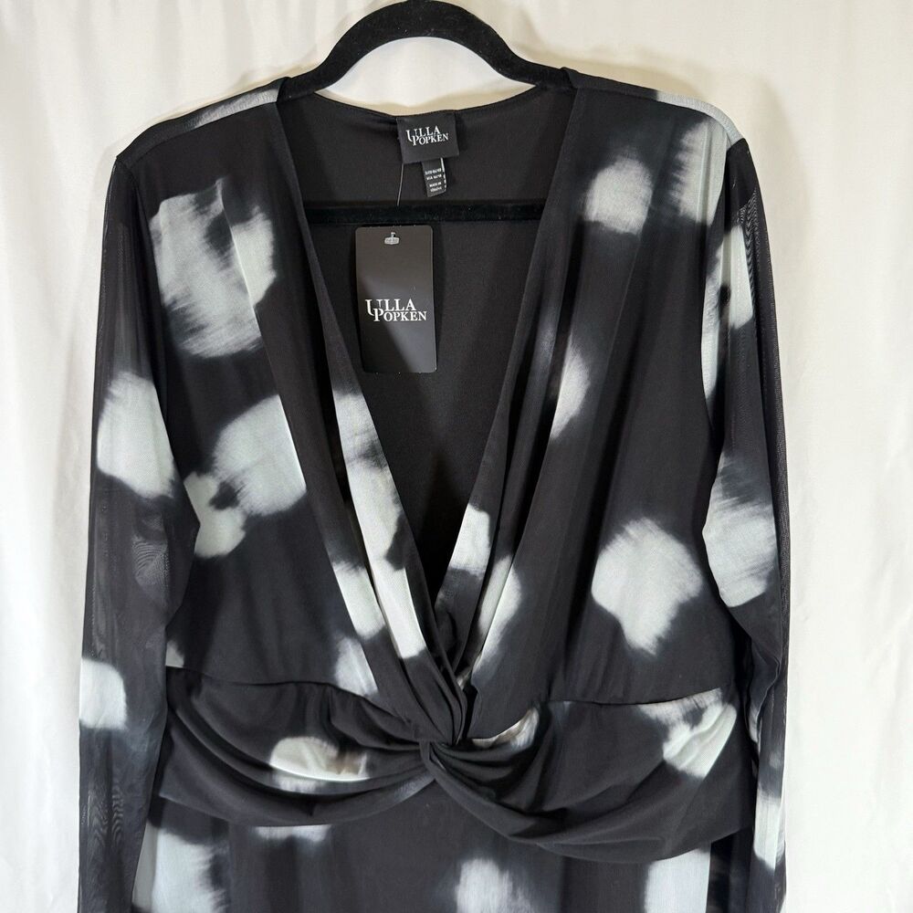 New Ulla Popken Midi Dress Women's 16/18 Black Sheer Sleeve VNeck Long Sleeve - Picture 2 of 10